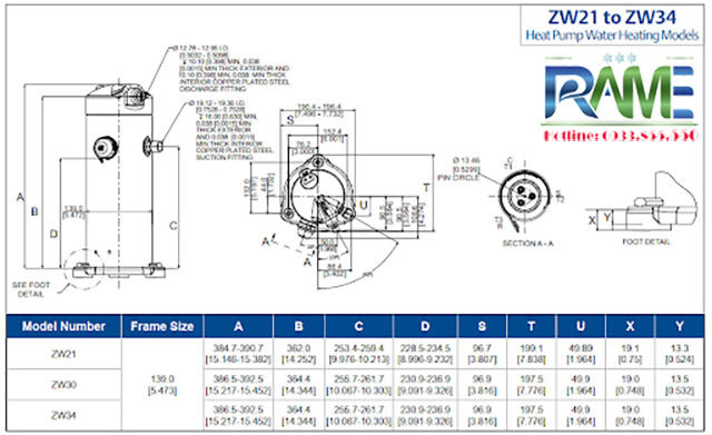 Thông số kỹ thuật máy nén Emerson copeland ZW21 - ZW34